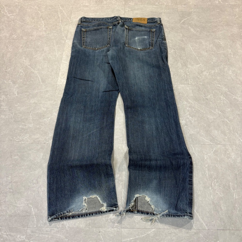 Gap 1969 Mens Straight Fit Button Fly Blue Denim Jeans 34x30 Distressed Hems